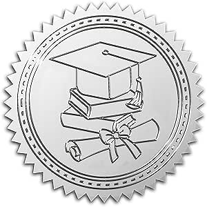 CRASPIRE 2" Silver Foil Sticker Graduation 100pcs Certificate Seals Silver Embossed Round Hat Silver Certificate Seal Stickers for Envelopes Invitation Card Diplomas Awards Graduation