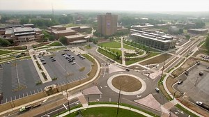 A new roundabout, at the intersection of Campus Center Drive and Risman Drive, has multiple lanes and HAWK Beacons. | Kent State University