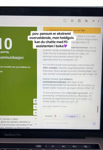 Helt genialt å kunne chatte med pensumbøkene💜 KI-assistenten er et VERKTØY til studiet, som faktisk hjelper med bedre forståelse og oversikt over både pensum og begreper! #srudietips #studiehack #studenttips #studenthacks #studiehverdag