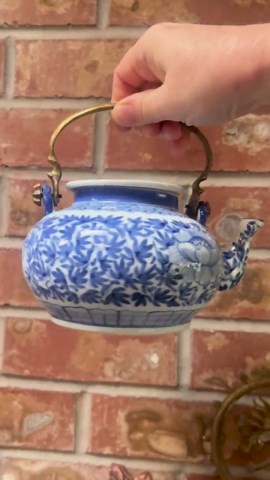 Vintage Blue White Porcelain Teapot, Chinoiserie Floral Brass Handle Tea Pot - Etsy