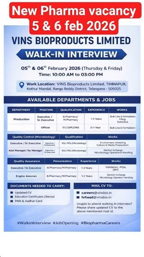 🔥 Freshers & Experienced Hiring VINS Bioproducts Walk-in Interview 2026 | Pharma Jobs