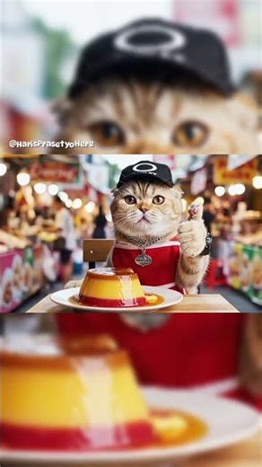 Cute Scottish fold cat is eating delicious fruit pudding 🤤🐱