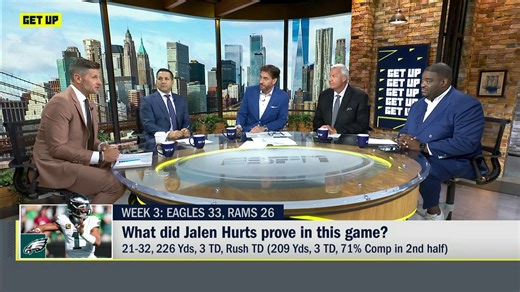 "That second half was about as good as I've seen him play. ... All that dude does is figure out what it takes to win that game and goes and does it. That's why you gotta put him in your top five conversation." —Dan Orlovsky on Jalen Hurts | Get Up