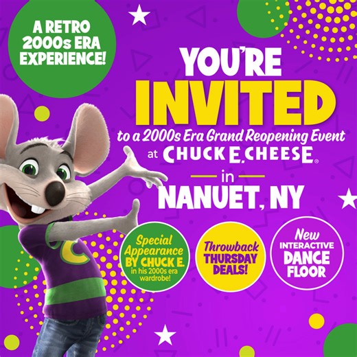 Nanuet, NY = the ULTIMATE blast from the past! 🎉 Don't miss the party of the year at Nanuet's Grand Reopening today, 5-7PM! We’re bringing the throwback Chuck E. Cheese vibes, including: 📀 original memorabilia 🍬throwback candy 🎁 raffle prizes 🐭And a special appearance by Chuck E. dressed in his retro wardrobe! Each child receives 30 minutes of All You Can Play games FREE during the event 🕹️ Can’t make it? No problem! 🤗 📍 Nanuet will be home to weekly 'Throwback Thursdays' with throwback 