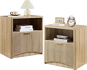 Evermagin Fluted Nightstand Set of 2, Natural Oak Bedside Table with Drawer and Storage, Wood End Table Mid Century Modern, Large Night Stand for Bedroom