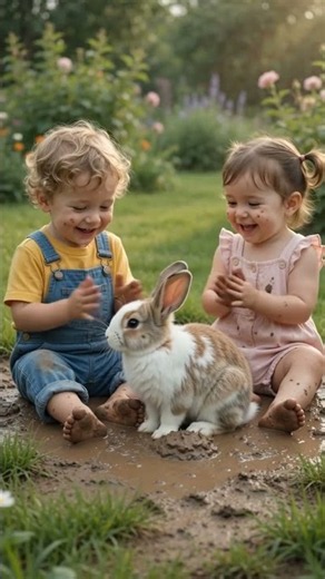 These Babies Made a New Friend in the Mud 🥹🐰❤️