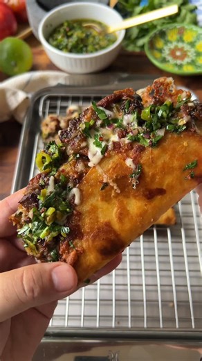Brandon Frohne | Easy Recipes on Instagram: "🌮 Crispy Steak Tacos with Shishito Pepper Chimichurri 🌶️🧀 These tacos? Insane! 🤯 We’re talking cheesy-crusted tortillas loaded with smoky carne asada and dripping in that spicy, garlicky shishito chimichurri. Crispy, juicy, straight-up addictive.🤤 Perfect for taco night, date night, or anytime you wanna impress without trying too hard.🙌 💥 Save this and share this with that someone who’d lose their mind over these! You know the one. 😮‍💨 🌮 Cri