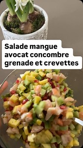 En entrée ou en apéritif cette salade de mangue avocat concombre et crevette met tout le monde d’accord. C’est frais léger idéal pour commencer le repas. 🥭🥑🍤 La salade fraîche que je refais tout le temps Le combo sucré-salé parfait quand tu veux manger léger mais gourmand 😍 ⏱️ Prête en 10 minutes 🌈 Colorée, fraîche et pleine de saveurs 👉 Sauvegarde la recette pour la refaire plus tard. 1 grosse mangue 2 petits avocats 1 concombre 200g de crevettes 1 grenade égrainée Le jus d’un citron vert