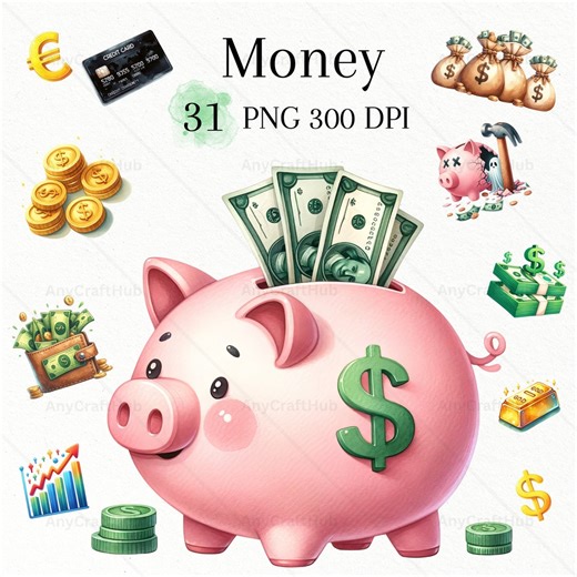 Watercolor Money Clipart Set, Piggy Bank Graphics (PNG) - Etsy UK