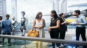 Futuristic city. 3d people and robots. Future concept. Realistic 4k animation.