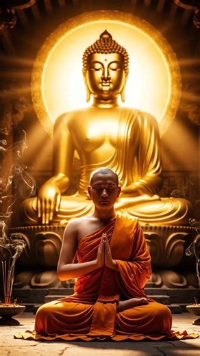 Prayerful atmosphere, monk in orange robe humbled before Buddha