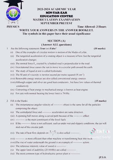 Grade 12 Physics Exam Sample Questions