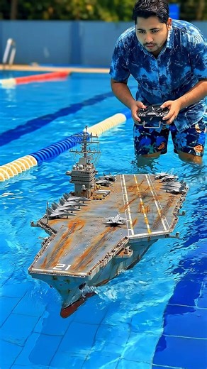Tiny RC Aircraft Carrier in a Swimming Pool… Looks REAL 🤯 #Shorts