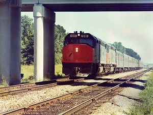 Amtrak Silver Service train is being led by an EMD SDP40F locomotive # 641, and a second SDP40F locomotive, while seen traveling northbound on the SCL mainline a few miles north of Wildwood, Florida, mid 1970's