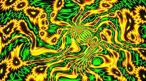 Psychedelic pattern with curved lines and flashing colors. Motion. Curved liquid lines in psychedelic pattern on black background. Psychedelic pattern with lines and changing flashing colors