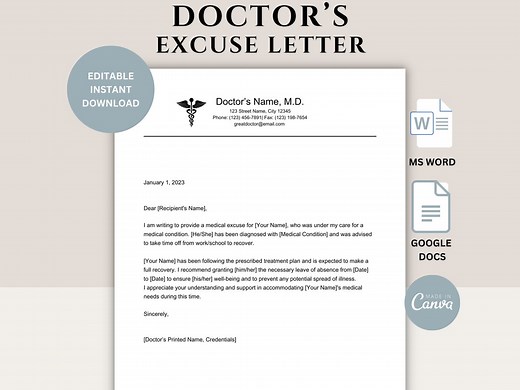 Editable Doctor's Excuse Letter Template: Canva, Word, Google Docs - Etsy