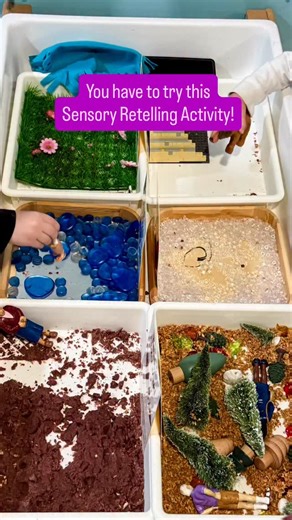 Retelling familiar stories is such an important comprehension skill in preschool! At this sensory table, we have 6 mini-bins set up within our larger sensory table. Each one represents a scene in the book “We’re Going on a Bear Hunt” by Michael Rosen: 💚1 - Swishy, swashy grass (Unfortunately there is no real grass in our yard in January, so we make due with this little plastic grass mat) 💙2 - Splashy, sploshy river (Blue gems and translucent petal pieces from our light table supplies) 🤎3 - Sq