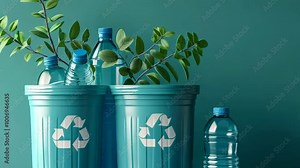 Recycling bins with green plants and plastic bottles for environmental sustainability, 4k footage