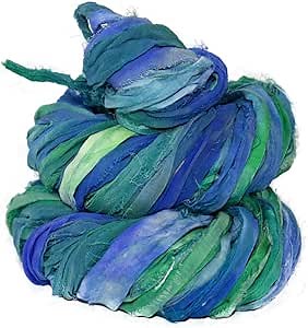 KnitSilk Super Bulky Recycled Sari Silk Ribbon Yarn in Blue Galaxy | 50 GMS - 30 Yards | Duppioni Silk Ribbon | Taffeta Silk Ribbon (Pack of 1)