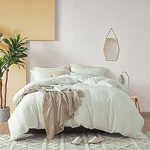 EWlinens 100% Linen Duvet Cover Set, 3 Pieces Natural Washed Flax White Soft Breathable Farmhouse Bedding with Zipper Closure - Linen, King