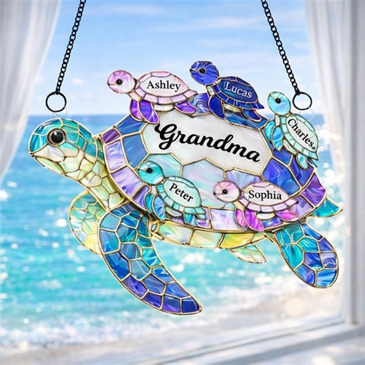 Personalized Grandma Turtle Family Suncatcher, Beach Lover Gift, Acrylic Window Decor - Etsy