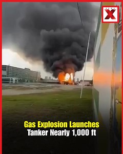 15K views · 34 reactions | A massive gas explosion sent a tanker flying almost 1,000 feet, leaving the area in shock. The sheer force of the blast shows the intensity of the incident, with debris scattered across a wide radius. Emergency teams are on-site assessing the damage and ensuring no further risk to residents. Authorities are investigating the cause behind the powerful explosion. #GasExplosion #MassiveBlast #TankerLaunch #IndustrialAccident #BreakingNews #SafetyAlert | NewsX | Facebook