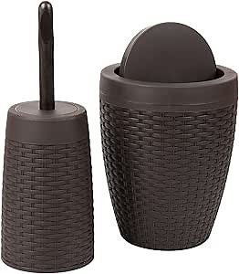 Mind Reader Trash Can and Toilet Brush Set, Bathroom Decor, Swivel Lid, Accessories, 8.75" W x 11.25" H, 2 Piece Set, Brown