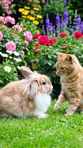 Cute Rabbit and Cat playing together like friends in garden