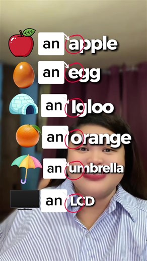 Learn the a vs an rule using vowel sounds, not letters. Look at the red circles and repeat the words with me. Save this for practice. #creatorsearchinsights #dearteacherLi #learnontiktok #englishforbeginners #article