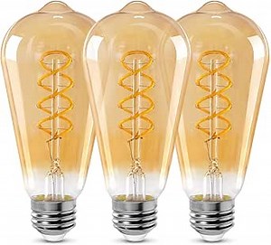ST64 LED E26 Vintage Edison Light Bulbs, Light Amber Glass, Dimmable, 4W(40W Equivalent) 300 Lumens, 2500K Warm White, Spiral Filaments Design, Antique Style, 25000 Hrs, 3-Pack