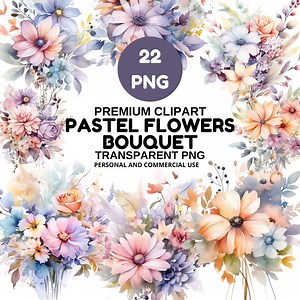 Pastel Flowers Bouquet Clipart | Watercolor Spring Floral Bouquet PNG for Wedding Card Design & Invitation - Etsy