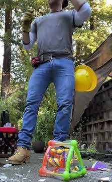 Compacting a Toddler Toy in my Work Boots - One Stomp and it Explodes