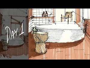 ✍️Watch Day 1: Interior Sketching with Markers/Bathroom Sketch in 1-Point Perspective