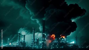 A fire and explosion at an oil refinery release dark smoke. Concept Industrial Accident, Oil Refinery Fire, Environmental Pollution, Emergency Response, Hazardous Materials Stock Video