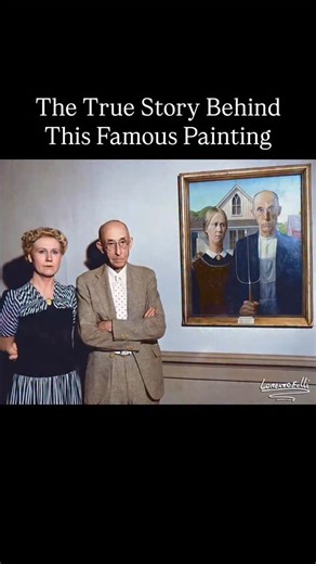 The famous 1930 painting “American Gothic” by Grant Wood depicts a farmer standing beside his daughter, often mistakenly assumed to be his wife. The painting is named for the house’s architectural style in the background. The two faces in the painting were actually modeled by Wood’s sister Nan Wood Graham and their dentist Dr. Byron McKeeby (shown is this reel). Follow @historyfromeveryday for daily historical content! Colorized by @lorenzofolli_history_in_color #history #arthistory #gothic | Hi