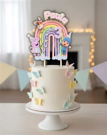 Personalized Cake Topper Inspired by Peppa Pig, Bartolito and Pocoyo – Pastel Rainbow –handmade Layered Birthday Decoration – Rainbow Color - Etsy