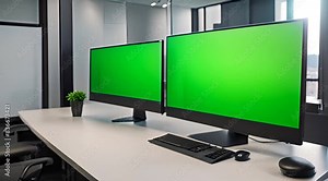 Sleek green screen computer in an empty business office, offering endless mock-up possibilities for apps and designs