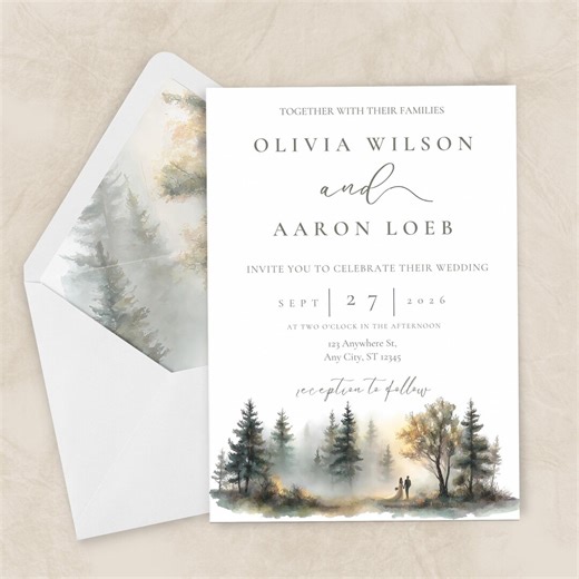 Misty Forest Wedding Invitation Template, Rustic Woodland Suite, Digital Download Invitation & Envelope Liner - Etsy