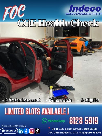 🚗 Thinking of renewing your COE? Don’t guess — check first. Indeco is offering a FREE COE Health Check to help you assess your vehicle’s engine condition, safety systems, and key wear-and-tear components before committing to COE renewal or major repairs. ✅ No obligation ✅ Professional inspection by experienced technicians ✅ Make informed decisions with confidence 📍 Location: Blk 8 Defu South Street 1, #04-30/31 JTC Defu Industrial City, Singapore 533758 📞 Contact: 8128 5919 📩 Book your slot 