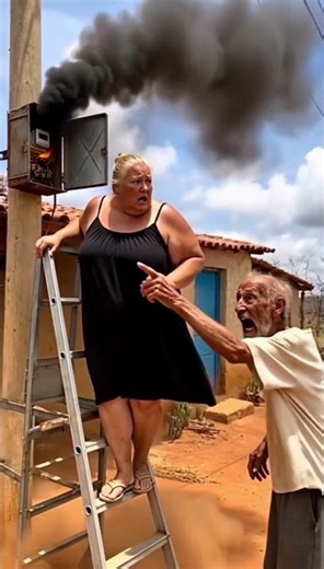 woman fixing fuse box, sparks and black smoke explosion