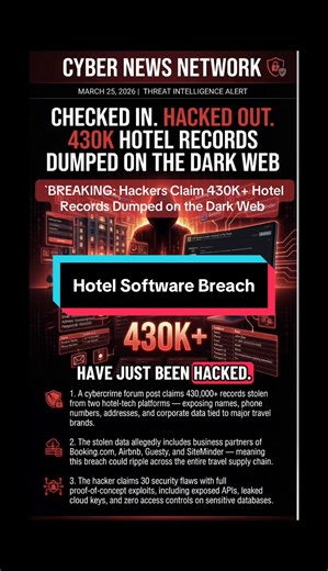 `A hacker just posted on a cybercrime forum claiming they stole over 430,000 records from two hotel-tech platforms. The data reportedly includes names, phone numbers, addresses, and corporate info tied to partners of Booking.com, Airbnb, Guesty, and SiteMinder. They say they found 30 security flaws — and they're sharing the proof. This isn't just about travelers. It's about the companies running hotel operations behind the scenes.