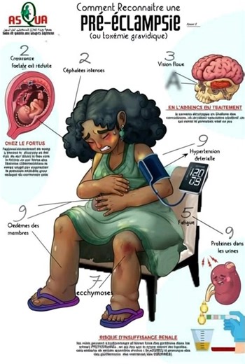Hypertension artérielle pendant la grossesse, preeclampsie et eclampsie. Comment là reconnaître ? La prééclampsie est une complication de la grossesse caractérisée principalement par une hypertension artérielle et la présence de protéines dans les urines (protéinurie) après 20 semaines de gestation. Voici les signes et symptômes les plus importants à connaître : --- ⚠️ Signes cliniques 1. Hypertension artérielle Pression artérielle ≥ 140/90 mmHg à deux reprises à au moins 4 heures d’intervalle. 