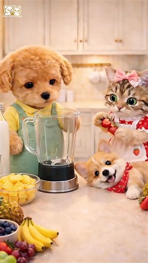 The fur-tastic trio is back in the kitchen! 🍓🐶🐱 Paws what you’re doing and watch them whip up the ultimate berry smoothie. Who’s ready for a sip? ✨🥤