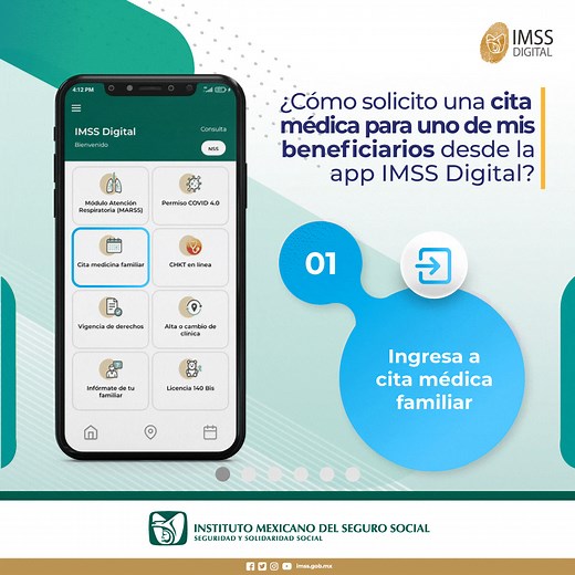 ¿Sabes cómo solicitar una cita médica familiar desde la app #IMSSDigital para uno de tus beneficiarios? Aquí te decimos cómo👇 | IMSS Digital