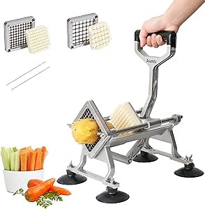 Anatole Commercial French Fry Cutter with 1/3'' 1/2'' Stainless Steel Blades Professional Potato Cutter Dicer Manual Vegetable Chopper with Suction Cups for Carrot Cucumber Onion