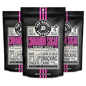 Pop Daddy Flavored Pretzels Sticks, Gourmet Pretzels Snacks, 7.5oz Individual Bags, 3 Pack, Cinnamon Sugar