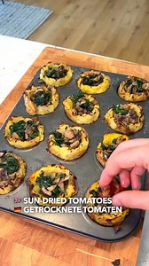Loaded Smashed Potato Cups These loaded smashed potato cups take crispy potatoes to the next level! Each bite-sized cup is filled with sautéed mushrooms, spinach, tangy sun-dried tomatoes, and topped with Parmesan. Perfect as a party appetizer or a comforting side, these cups come with a creamy sour cream and chive dip, making them irresistible and full of flavor Loaded Smashed Potato Cups Produce 30 g 1 cup baby spinach 150 g 1 cup mushrooms 85 g 3 oz sun-dried tomatoes 1 Chili pepper flakes 1/
