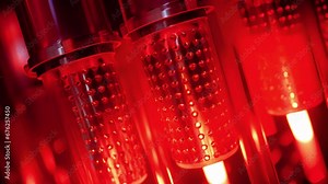 Close up of a catalyst reactor, capturing the glowing red heat exchangers responsible for the catalytic conversion of feedstock into various valuable chemical compounds.
