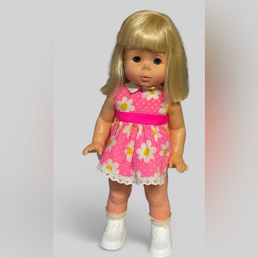 Vintage 1964 Mattel Baby First Step Doll in original outfit (Works)