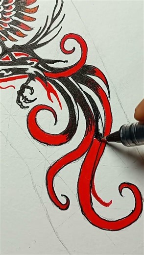 Tribal Phoenix Tattoo Drawing | Red & Black Ink Art 🔥🖤